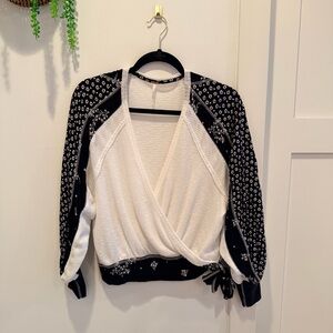 Free People Auxton Thermal Waffle Black White Floral Faux Wrap Top Women's XS